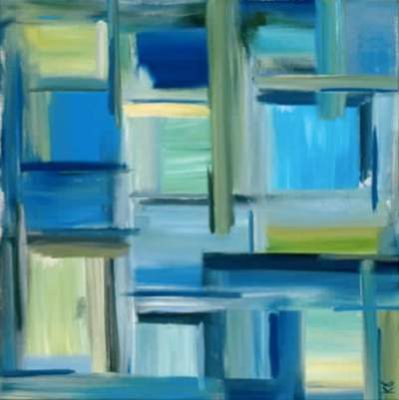 A painting of blue and yellow squares in the middle.