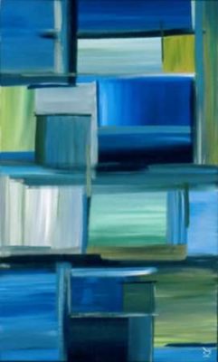 A painting of blue and green squares in the middle