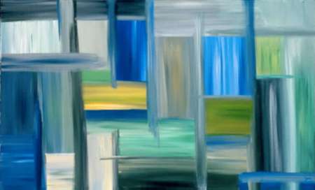 A painting of a room with blue and green colors