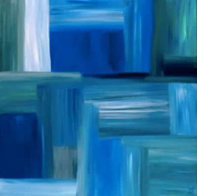 A painting of blue blocks in the middle of a room.