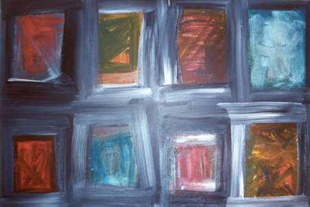 A painting of multiple windows with different colors.