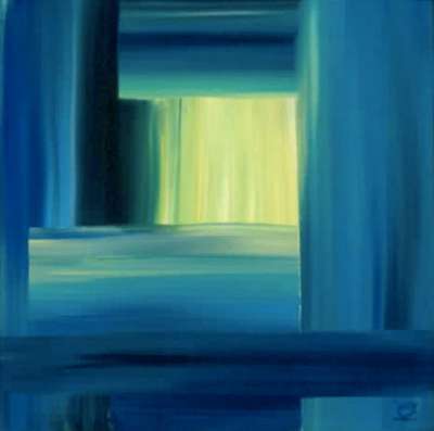 A painting of a room with blue walls and a yellow light.