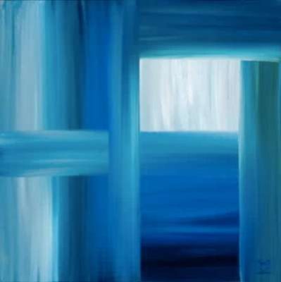A painting of a blue room with a window.