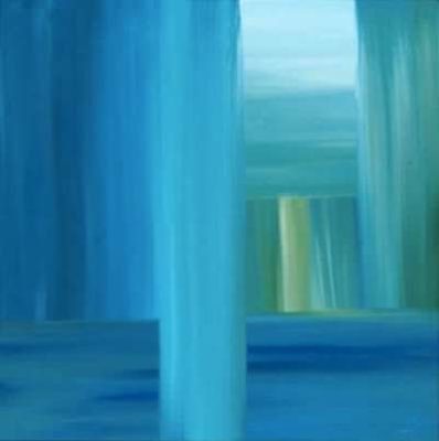 A painting of pillars in the middle of a room.