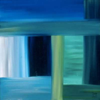 A painting of a blue and green abstract scene