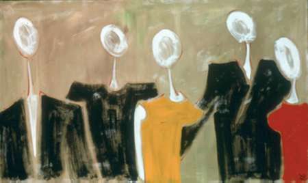A painting of three people with hats on their heads