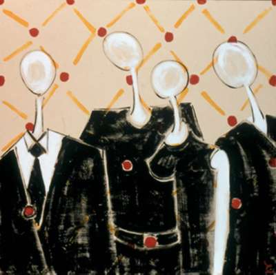 A painting of four people with spoons on their heads.