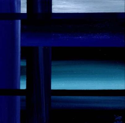 A blue painting of a window with the sky in the background.
