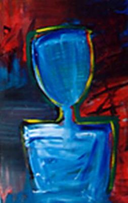 A painting of a blue vase with red background