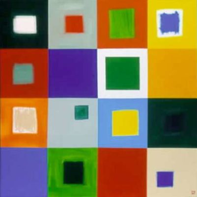 A painting of squares in different colors