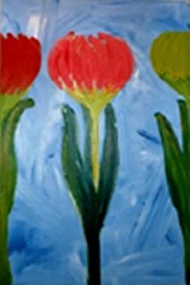 A painting of three red flowers in the middle.