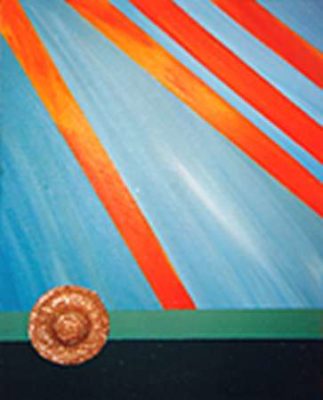 A painting of an orange and blue stripe pattern.