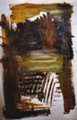 A painting of a chair with brown and black paint.