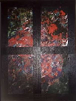 A painting of a window with red flowers on it.
