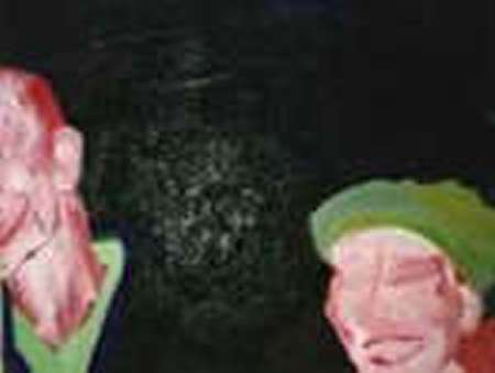 A painting of two people with their faces in the dark.