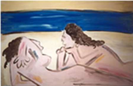 A painting of a woman in the sand