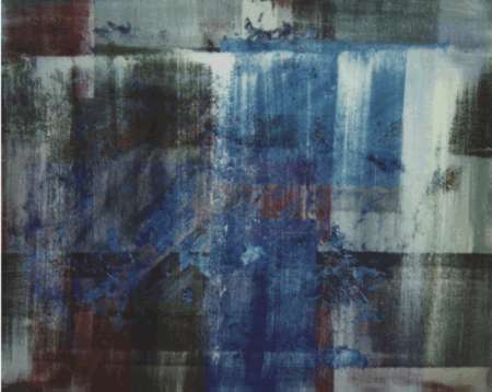 A painting of blue and red abstract art.
