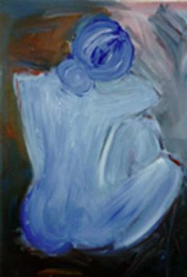 A painting of a blue flower sitting on top of a white object.