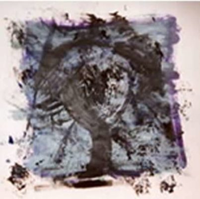 A painting of a tree with purple and black paint.