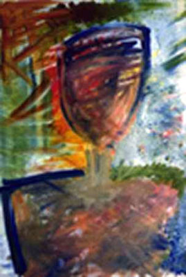 A painting of a glass with some leaves on it
