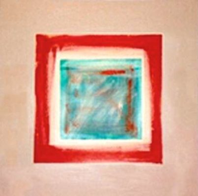 A painting of an abstract square in red and blue.