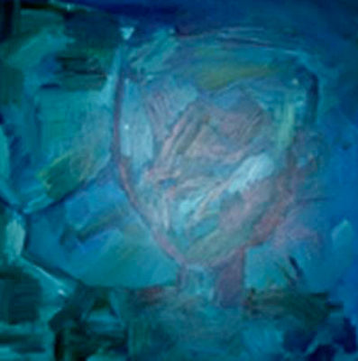 A painting of a person 's face in blue.