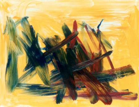 A painting of sticks and poles on yellow background