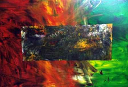 A painting of a colorful abstract background with a black strip.