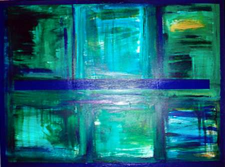 A painting of green and blue squares with light reflecting off them.