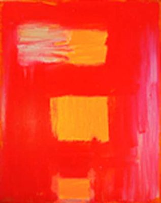 A red and yellow painting with some white lines