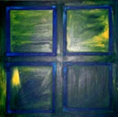 A painting of a window with green and blue paint.