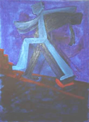 A painting of a person walking up stairs
