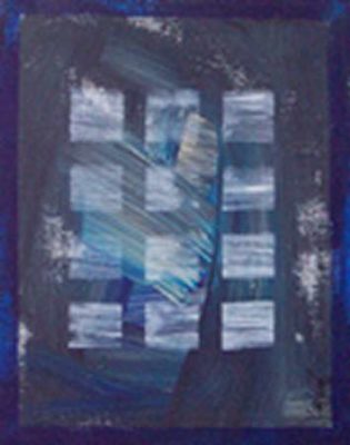 A painting of a window with blue and white stripes.