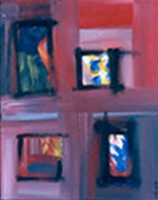 A painting of four windows in a building.