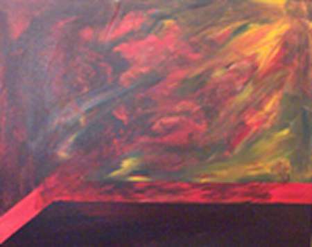 A painting of the sky with red and yellow clouds.