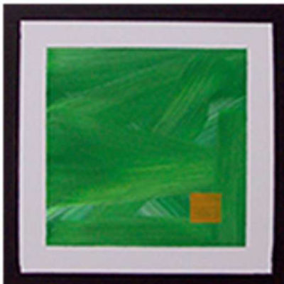 A painting of green and yellow squares in a black frame.