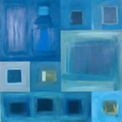 A painting of blue squares and rectangles