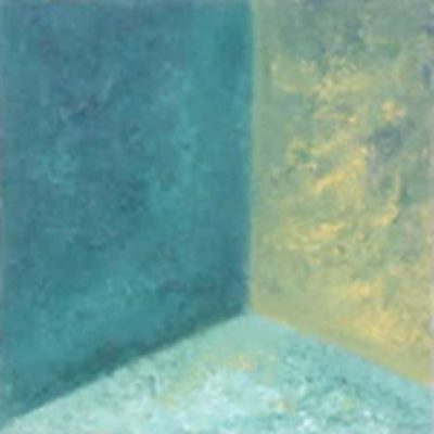 A painting of a corner with blue and yellow walls.