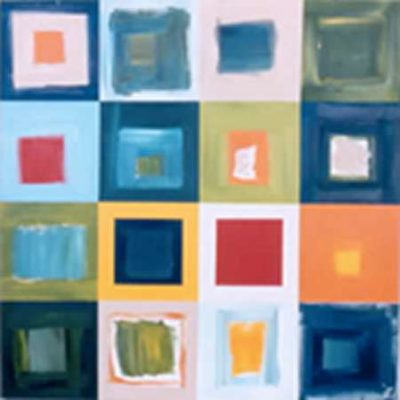 A painting of squares in different colors and sizes.