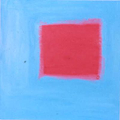 A square painting in blue and red.