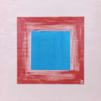 A square painting with red and blue frame.
