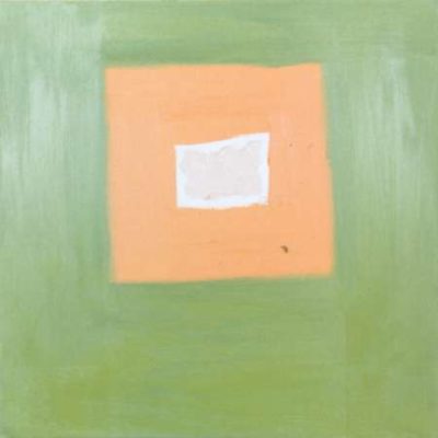 A painting of an orange square on green.