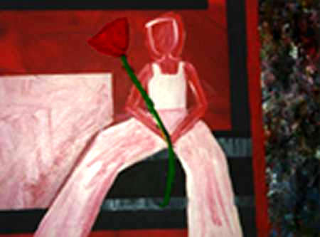 A painting of a woman holding a rose.