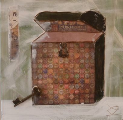 A painting of an old fashioned box with a key.