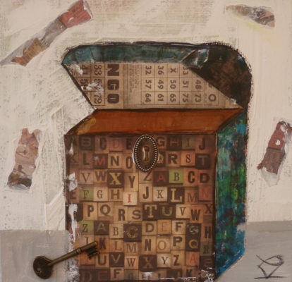 A painting of an open trunk with letters on it.