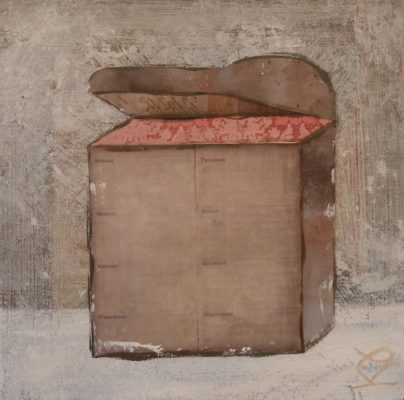 A painting of an open box with a red lid.