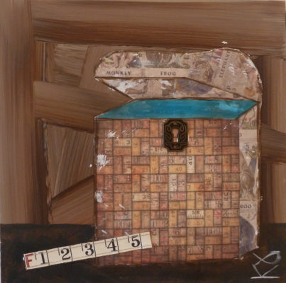 A painting of a brick wall with a blue tile top.