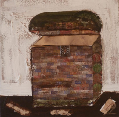 A painting of an old chest with bricks on the floor.