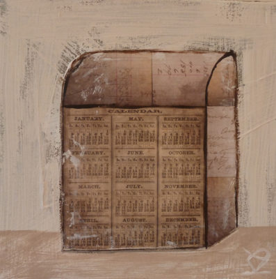 A painting of an old wooden door with numbers on it.