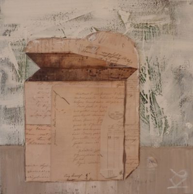 A painting of an open box with writing on it.